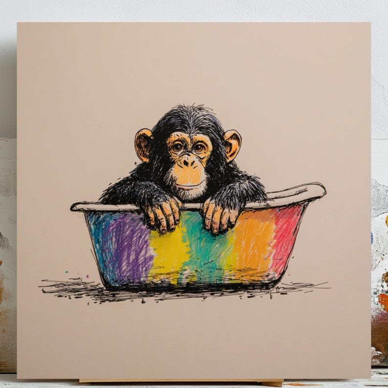 Chimpanzee In Bathtub Wall Decor, Canvas Or Poster, Animal Bathroom Art, Monkey Wall Art, Jungle Animal Decor, Home Wall Art, Bathroom Decor
