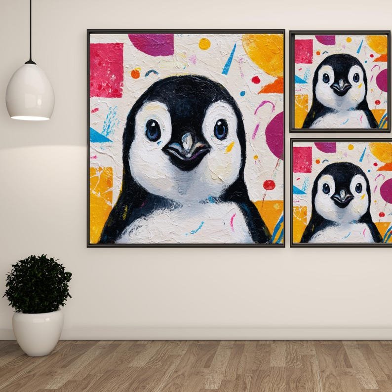 Cute Penguin Wall Art, Canvas Or Poster, Kids Nursery Decor, Colorful Animal Painting, Playful Penguin Print, Modern Kids Room Wall Hanging - Image 2