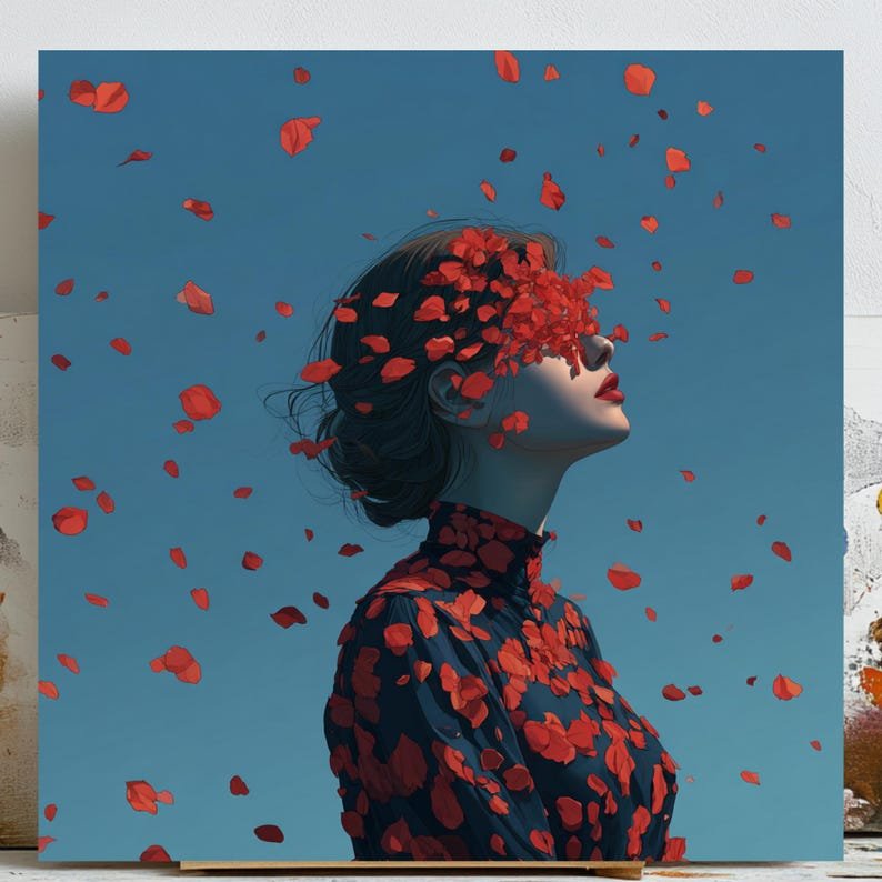 Red Petal Woman Wall Art, Canvas or Poster, Surreal Flowers Art, Home Decor, Bedroom Living Room Office Wall Hanging, Surreal Woman Art