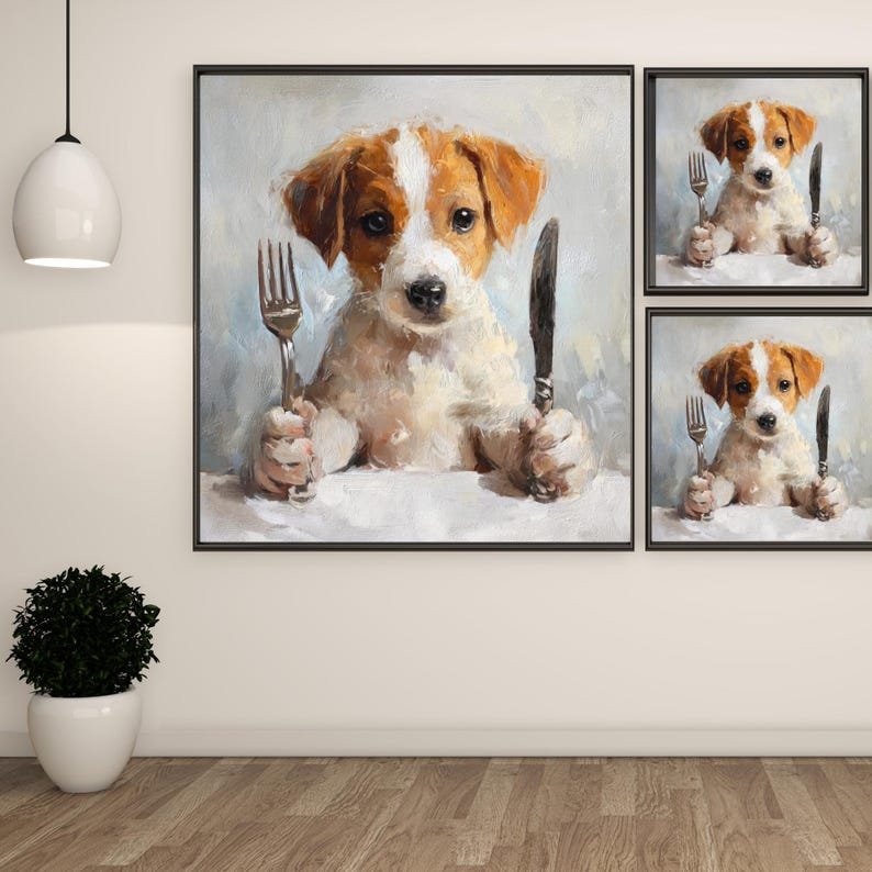 Hungry Puppy Wall Art, Canvas or Poster, Cute Dog Painting, Kitchen Wall Decor, Dining Room Animal Art, Playful Pet, Gift for Dog Lovers - Image 2