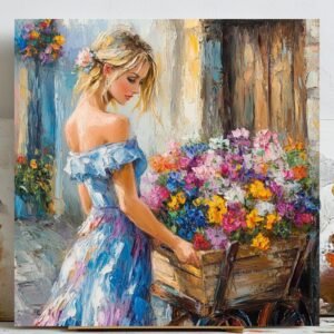 Girl With Flowers Wall Art, Canvas or Poster, Romantic Floral Painting, Feminine Wall Decor, Soft Pastel Art For Bedroom Or Living Room