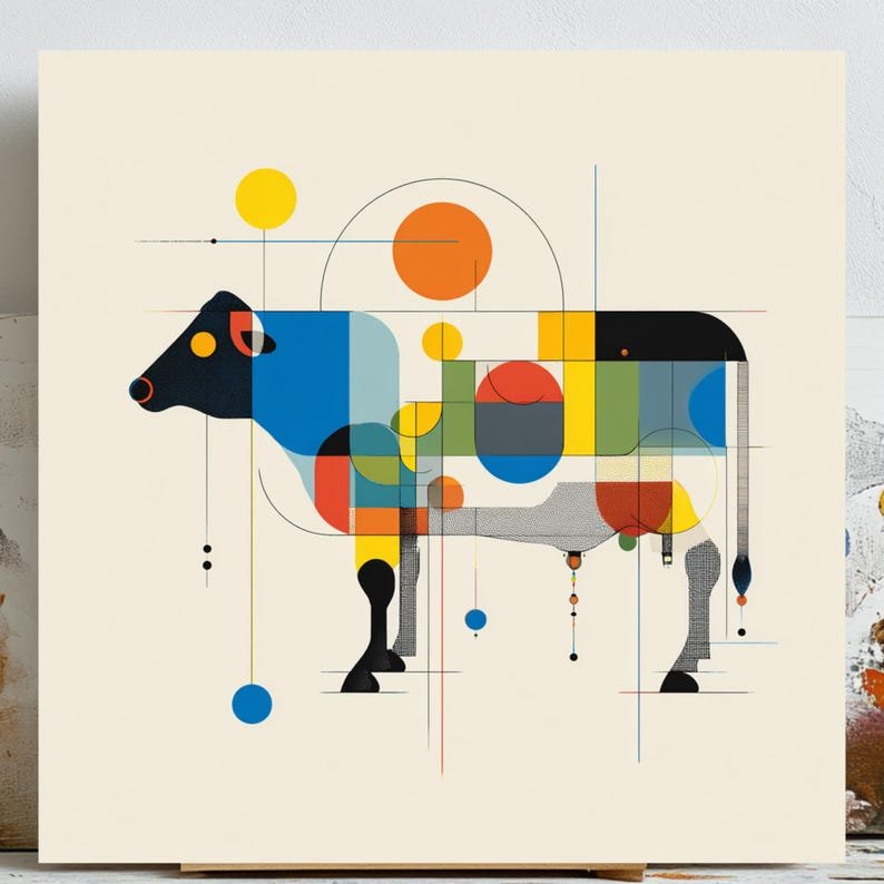 Abstract Geometric Cow Wall Art, Canvas Or Poster, Bauhaus Animal Decor, Modern Farmhouse Decor, Unique Living Room Art, Gift for Cow Lover