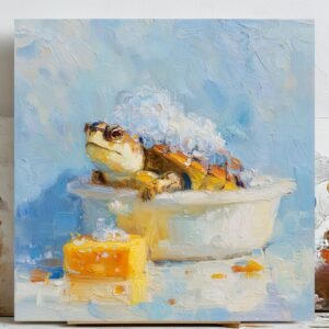 Turtle in Bathtub Wall Art, Canvas Or Poster, Funny Bathroom Decor, Sea Turtle Painting, Kids Bathroom Art, Whimsical Animal Decor, Art Gift