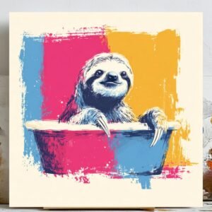 Sloth in Bathtub Wall Art, Canvas or Poster, Funny Bathroom Decor, Colorful Pop Art Sloth Print, Modern Animal Wall Hanging,Sloth Home Decor