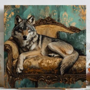 Wolf On Sofa Wall Art, Canvas Or Poster, Bedroom Walll Art, Living Room Decor, Home Decor, Wolf Wall Hanging, Regal Wolf Decor, Animal Art