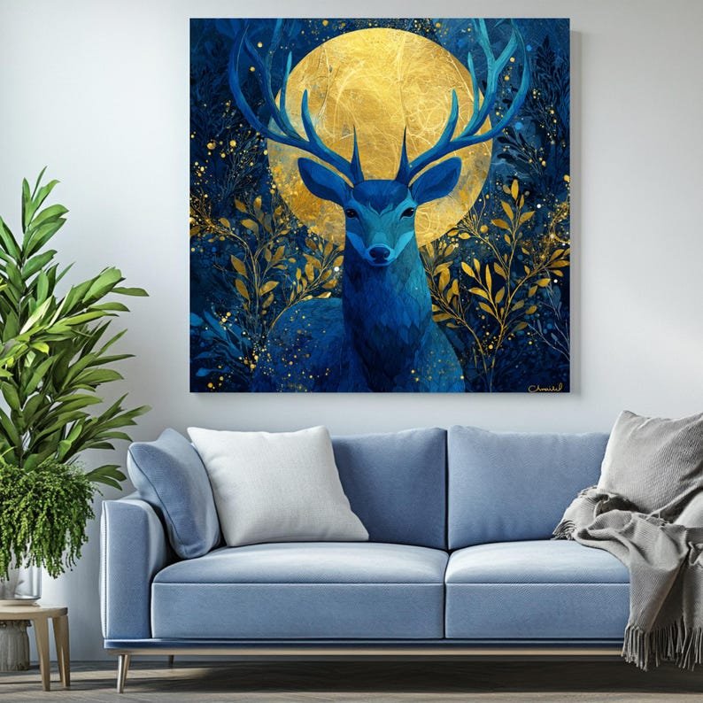 Blue Deer Wall Art, Canvas Or Poster, Woodland Decor, Boho Design, Celestial Wall Art, Fantasy Home Decor, Bedroom Living Room Wall Art - Image 4