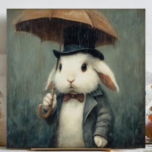 White Rabbit with Umbrella Wall Art, Canvas Or Poster, Whimsical Bunny in Top Hat,Vintage Animal Decor,Kids Nursery Wall Decor,Rainy Day Art