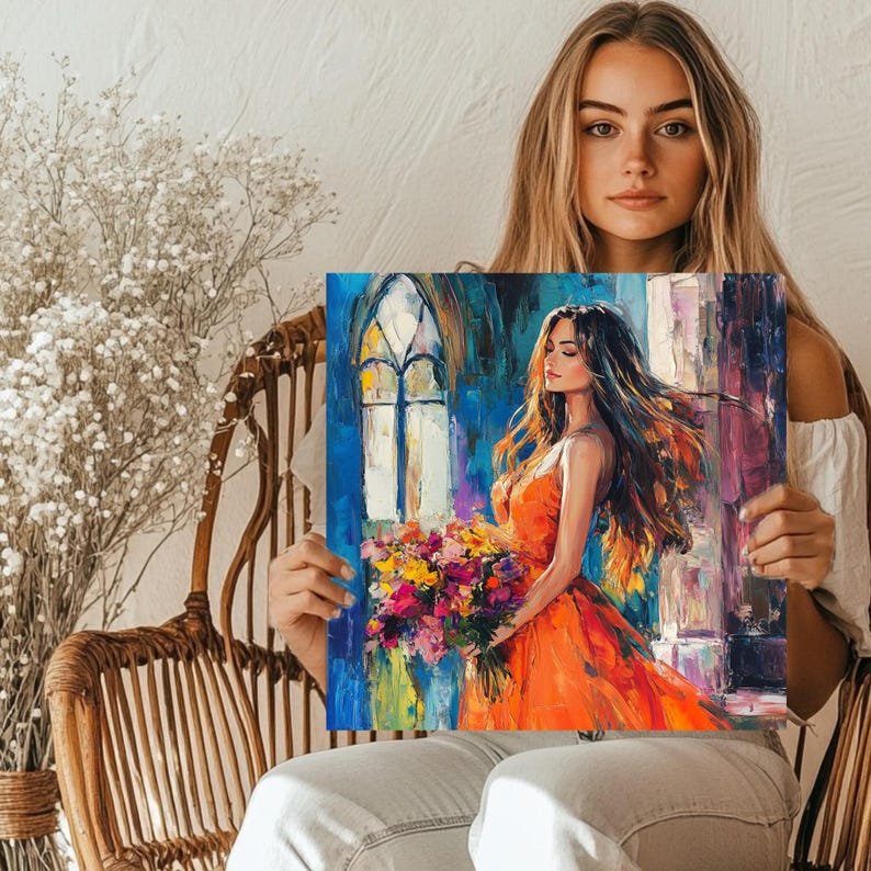 Woman in Orange Dress Art Print: Elegant Floral Bouquet Portrait - Image 5