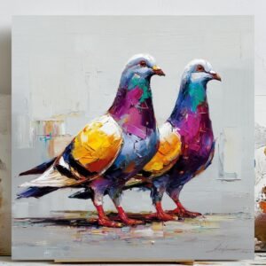Vibrant Pigeons Wall Art, Canvas or Poster, Abstract Bird Painting, Modern Animal Wall Decor, Living Room Bedroom Office Wall Hanging