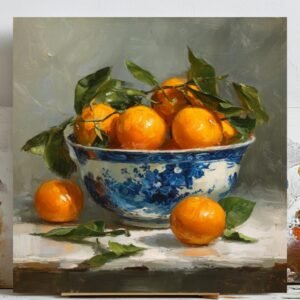 Orange Bowl Wall Decor, Canvas Or Poster, Farmhouse Kitchen Dining Room Art, Still Life Fruit Painting, Rustic Mediterranean Design