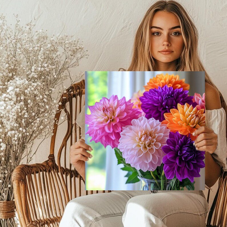 Colorful Dahlia Bouquet Art Print: Floral Vase Poster, Framed Home Decor - Image 5