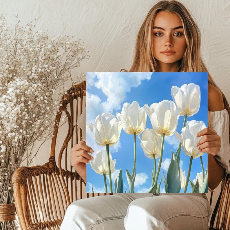 White Tulip Wall Art, Canvas Or Poster, Spring Floral Painting, Bright Blue Sky Artwork, Fresh Nature Decor, Living Room Wall Hanging, Home - Image 5