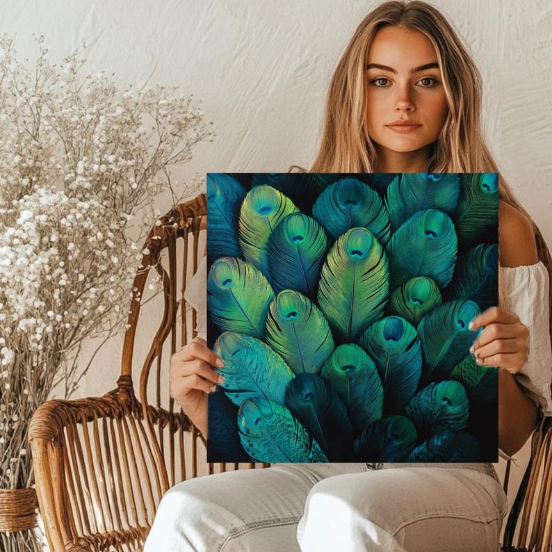 Peacock Feather Wall Art, Canvas or Poster, Abstract Nature Decor, Modern Wall Hanging, Colorful Blue Green Wall Art, Living Room Decor - Image 5