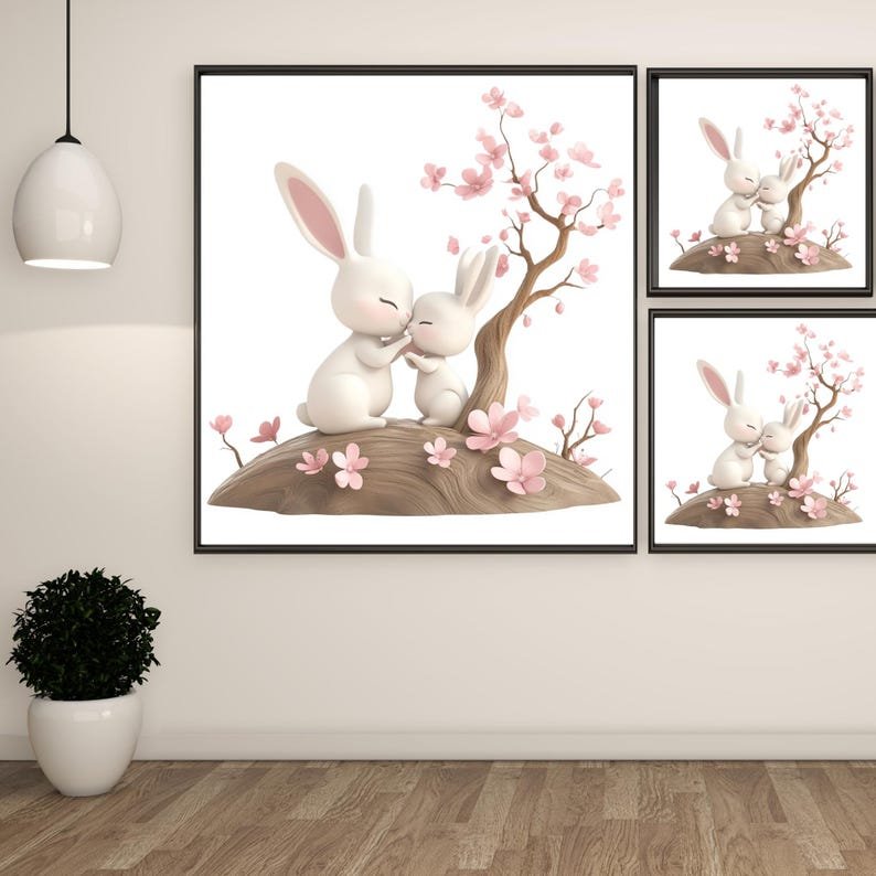 Kissing Bunny Wall Art, Canvas Or Poster, Rabbit Wall Decor, Nursery Wall Art, Kids Room Decor, Cute Animal Decor, Pink Floral Print - Image 2