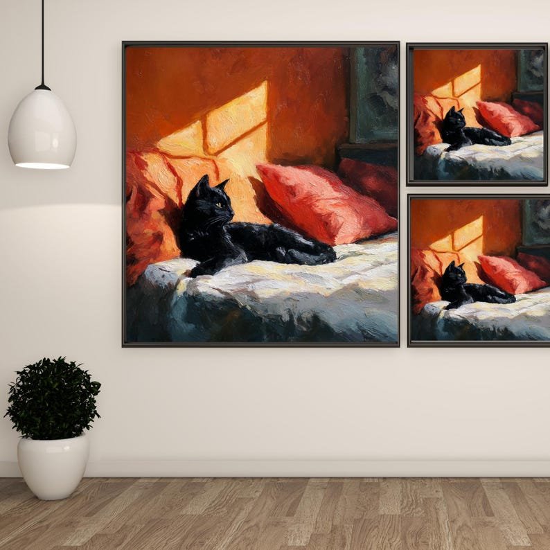 Black Cat Wall Art, Canvas Or Poster, Animal Decor, Cat Wall Decor, Rustic Design, Cozy Wall Art, Warm Home Decor, Bedroom Artwork - Image 2