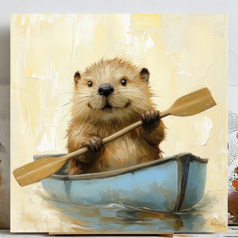 Beaver in Canoe Wall Art, Poster or Canvas, Woodland Animal Decor, Outdoor-themed Art, Rustic Wall Hanging, Gift for Nature Lovers