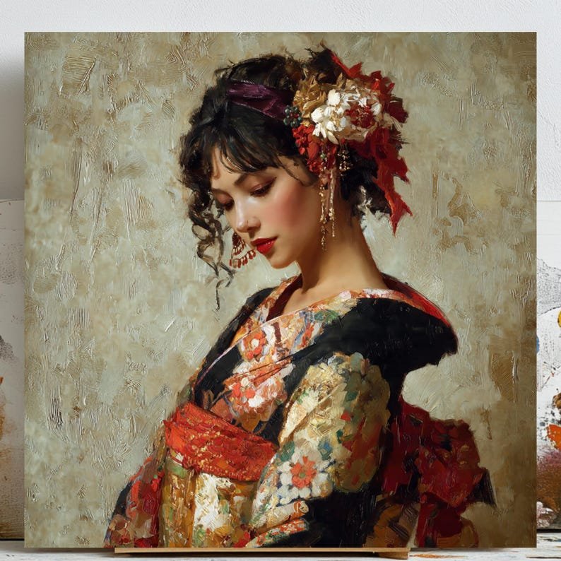 Japanese Woman Wall Art, Canvas Or Poster, Impressionist Decor, Living Room Art, Asian Wall Decor, Home Decor, Oil Painting Wall Art