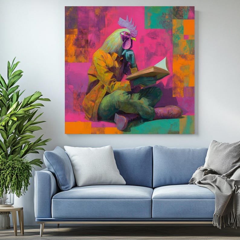 Rooster Reading Book Wall Art, Canvas Or Poster, Surreal Animal Decor, Modern Living Room Wall Hanging, Whimsical Office Decor, Reader Gift - Image 3
