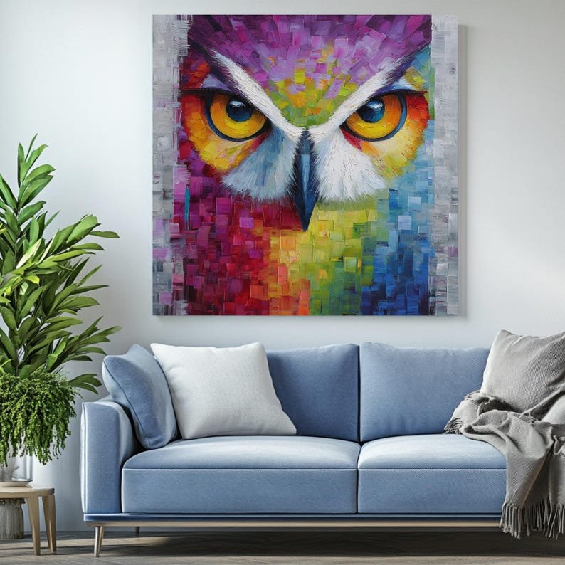 Colorful Owl Face Wall Art, Impasto Oil Painting Print, Bird Lover Gift, Modern Boho Decor, Wildlife Artwork, Living Room Office, Neon Eye - Image 3