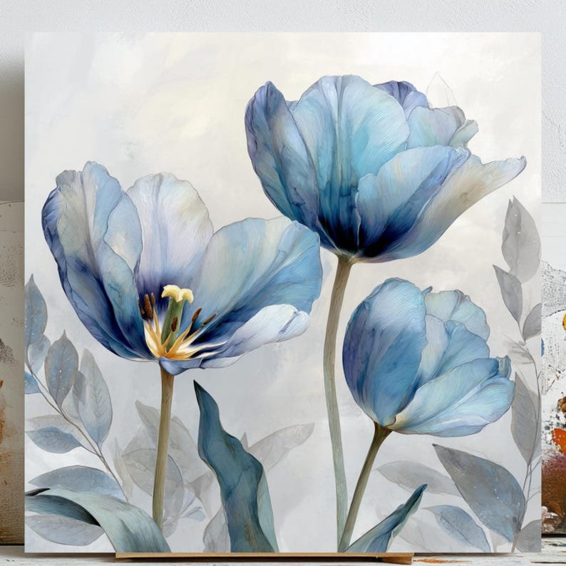 Blue Tulip Flower Wall Art, Canvas Or Poster, Modern Floral Painting, Minimalist Botanical Decor, Elegant Bedroom Living Room Wall Artwork