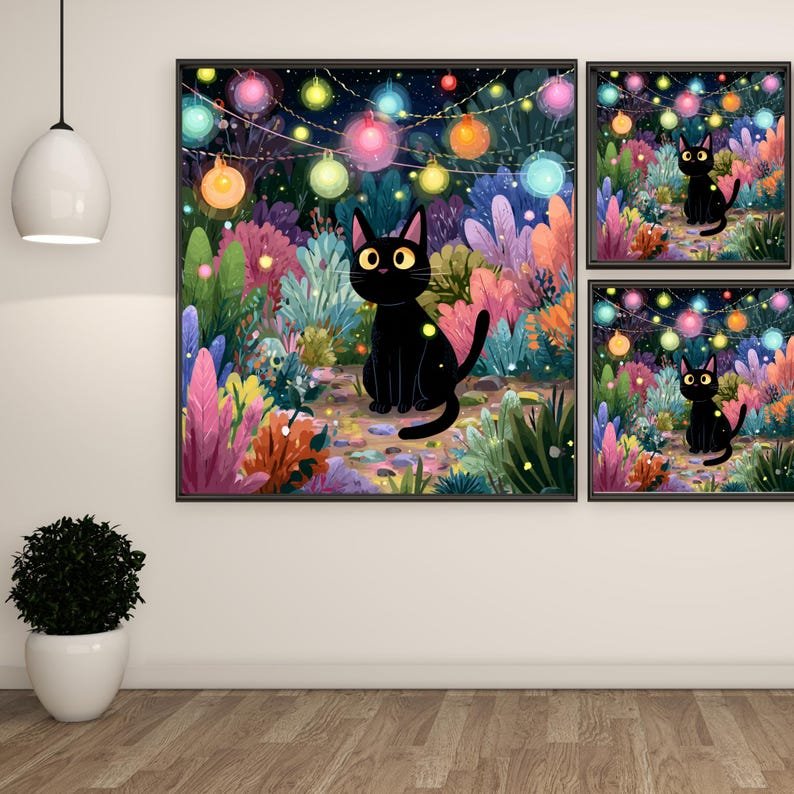 Black Cat Wall Art, Canvas or Poster, Whimsical Cat Wall Decor, Night Garden Art, Magical Cat Painting, Living Room Kids Room Decor - Image 2