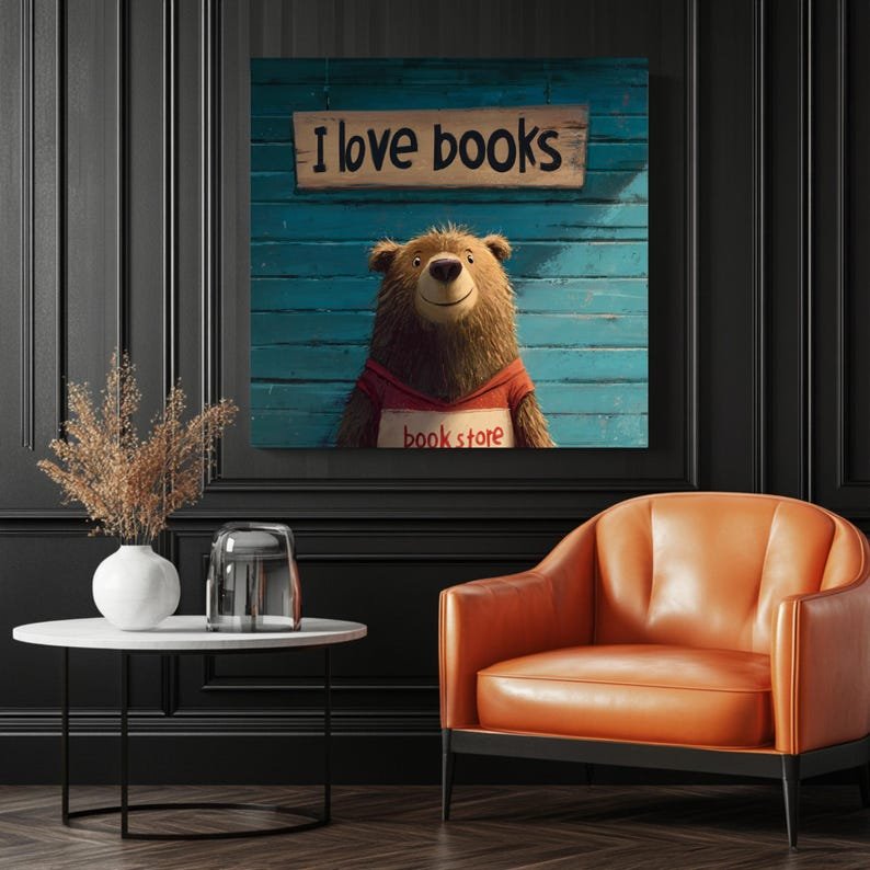 Book Lover Bear, Canvas Or Poster, Modern Decor, Animal Decor, Kids Decor, Reading Nook Decor, Office Wall Hanging, Cute Bear Wall Art - Image 3