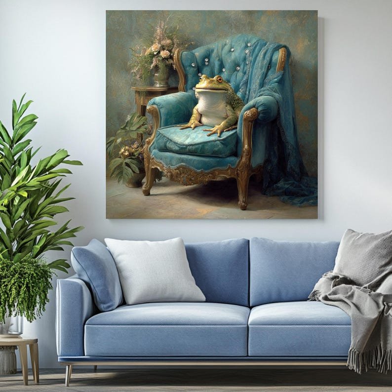 Royal Frog on Blue Chair Art, Canvas or Poster, Whimsical Glam Decor, Living Room Bedroom Office Wall Art, Green Blue Gold Tones, Frog Print - Image 4