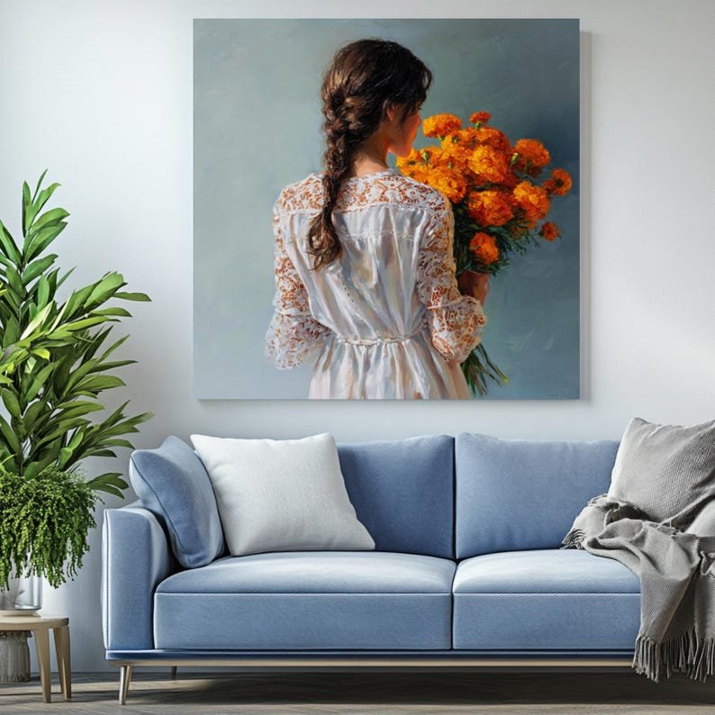 Girl With Marigold Flowers Wall Art, Canvas or Poster, Feminine Floral Decor, Living Room Bedroom Entryway Wall Art, Romantic Flower Art - Image 4