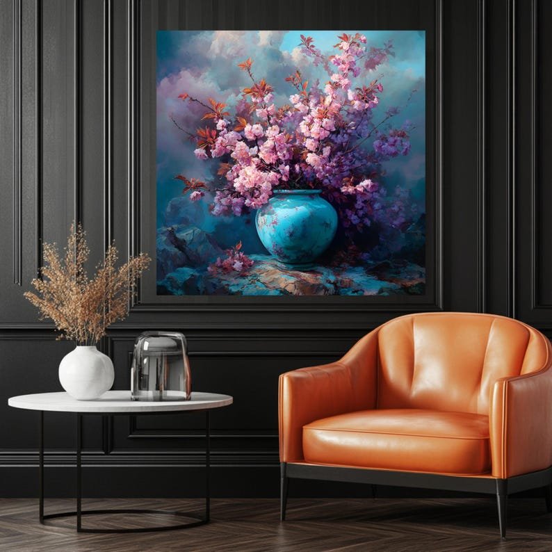 Cherry Blossom Wall Art, Canvas Or Poster, Pink Sakura Flowers In Teal Vase, Floral Painting, Living Room Decor, Romantic Bedroom Wall Art - Image 4