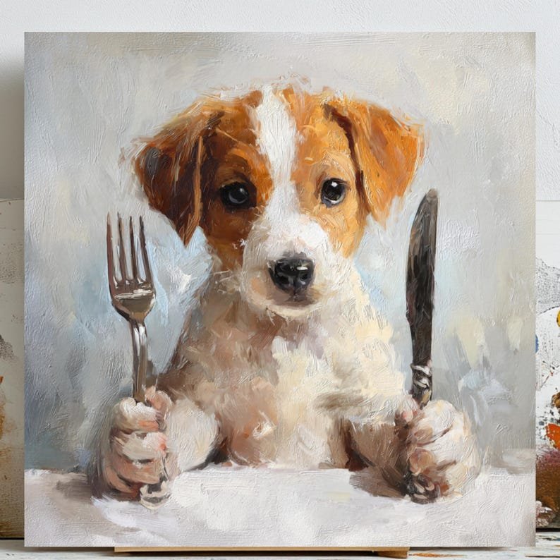 Hungry Puppy Wall Art, Canvas or Poster, Cute Dog Painting, Kitchen Wall Decor, Dining Room Animal Art, Playful Pet, Gift for Dog Lovers
