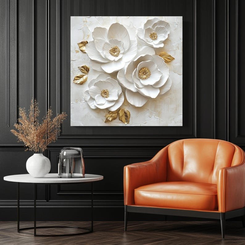 3D White Floral Canvas or Poster, Textured Wall Art, Modern Home Decor, Elegant Gold Flower Artwork, Minimalist Living Room Wall Hangings - Image 3