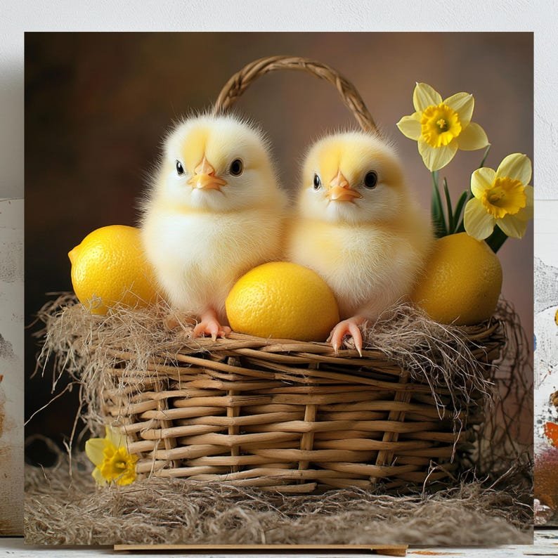 Baby Chicks In Basket, Canvas or Poster, Farmhouse Wall Art, Cute Animal Decor, Country Kitchen Wall Hanging, Spring Easter Art