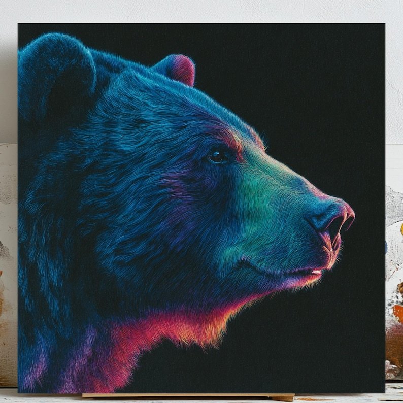 Neon Bear Portrait Art, Canvas Or Poster, Unique Wall Decor, Living Room Decor, Home Decor, Wildlife Frame Decor, Modern Bear, Room Decor