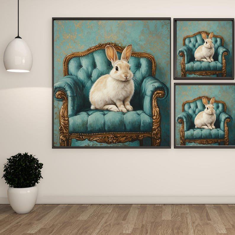 Regal Rabbit Wall Art, Canvas or Poster, Farmhouse Rustic Wall Decor, Living Room Bedroom Office Wall Hanging, Teal Gold Animal Art - Image 2