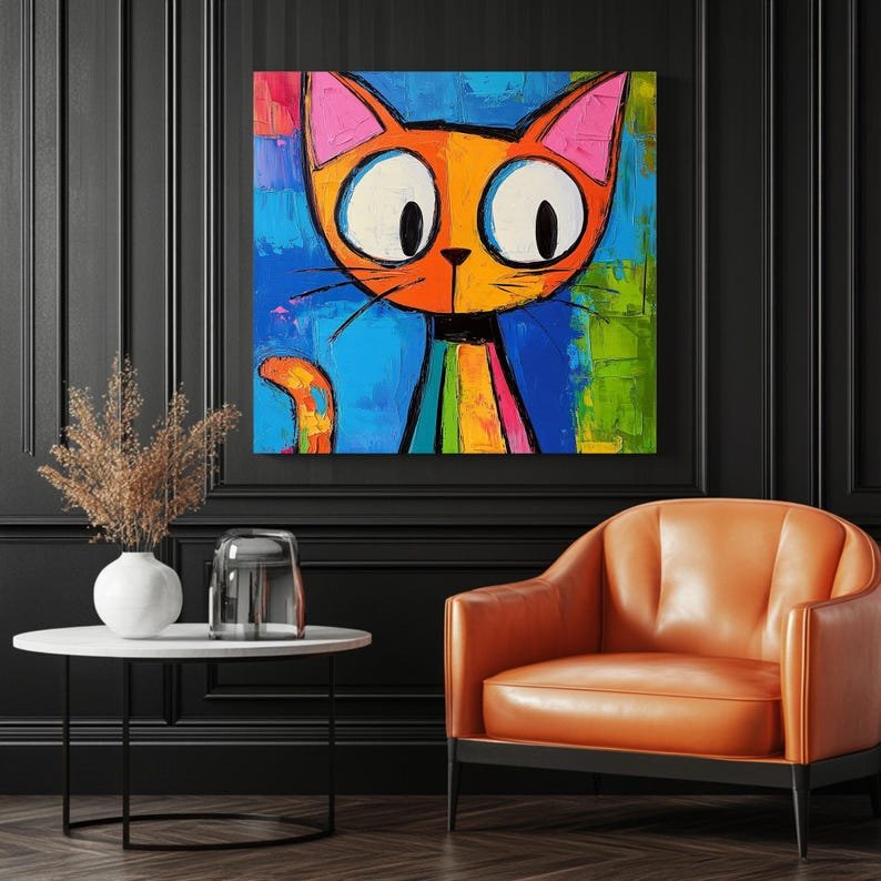 Colorful Cat Wall Decor, Canvas Or Poster, Abstract Cat Art, Modern Pet Painting, Whimsical Animal Art, Funky Wall Art, Kids Room Decor - Image 3