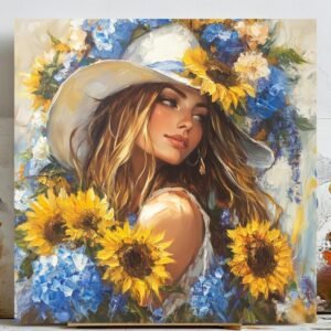 Lady in White Hat With Sunflowers, Canvas or Poster, Romantic Boho Painting, Vibrant Floral Portrait, Cottagecore Wall Art, Farmhouse Decor