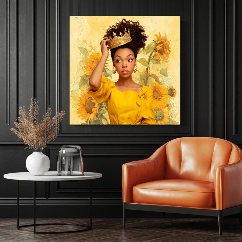 Crowned Woman Wall Art, Canvas or Poster, Afro Queen Decor, Modern Home Wall Art, Sunflower Floral Painting, Empowerment Art Print - Image 3