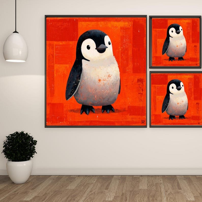 Cute Penguin Wall Art, Canvas Or Poster, Nursery Wall Decor, Kids Room Art, Modern Animal Painting, Vibrant Orange Background, Penguin Gift - Image 2
