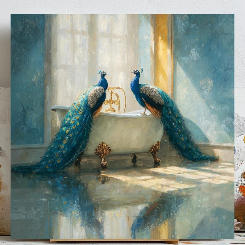 Peacock In Bathtub Wal Art, Canvas Or Poster, Elegant Bird Decor, Luxury Bathroom Print, Blue Green Gold Wall Hanging, Bathroom Wall Art