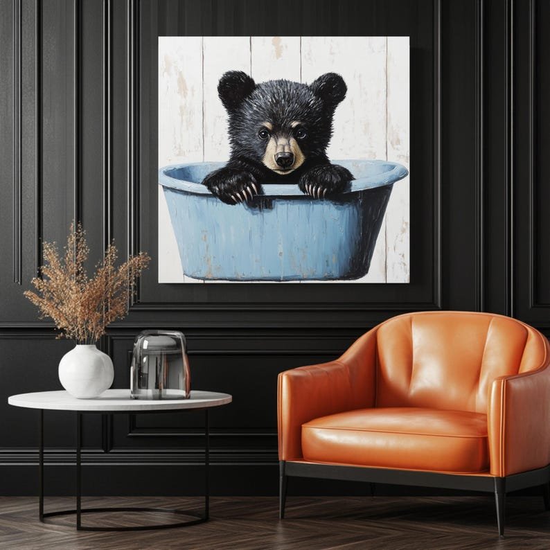 Bear In Tub Wall Art, Canvas or Poster, Nursery Animal Decor, Woodland Theme Wall Art, Modern Kids Room Wall Hanging, Rustic Home Wall Art - Image 3