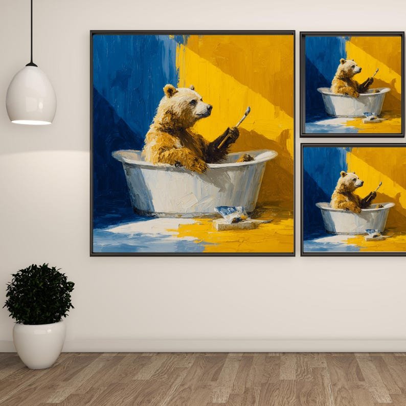Bear in Bathtub Painting Canvas or Poster, Funny Animal Bathroom Wall Art, Whimsical Artist Bear Decor, Blue and Yellow Impasto Style Art - Image 2