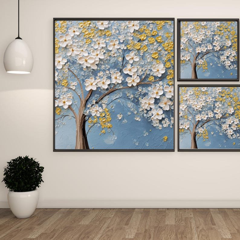 Floral Tree Wall Art, Canvas or Poster, Modern Home Decor, Living Room Wall Hanging, Elegant Flower Art, Blue Yellow White Blossoms - Image 2