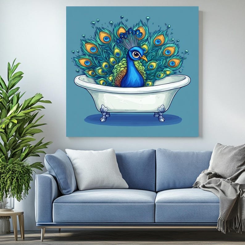 Peacock in Bathtub Art, Canvas or Poster, Funny Bathroom Decor, Animal Wall Art, Whimsical Home Decor, Modern Bathroom Wall Design - Image 4