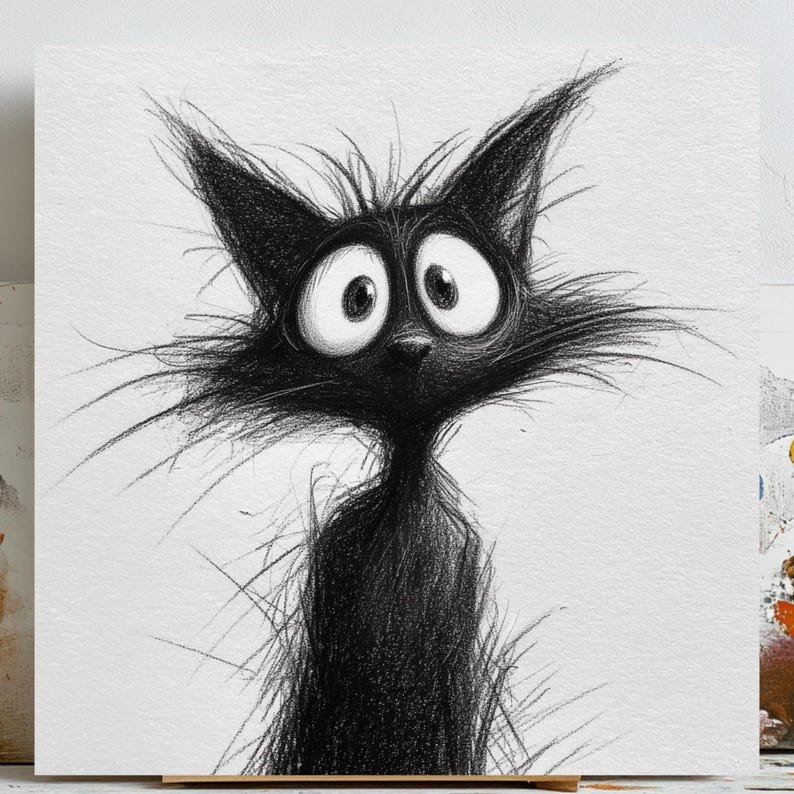 Whimsical Black Cat Wall Art, Canvas Or Poster, Scruffy Cat Drawing, Funny Animal Decor, Office Wall Art, Unique Cat Gift,Nursery Wall Decor