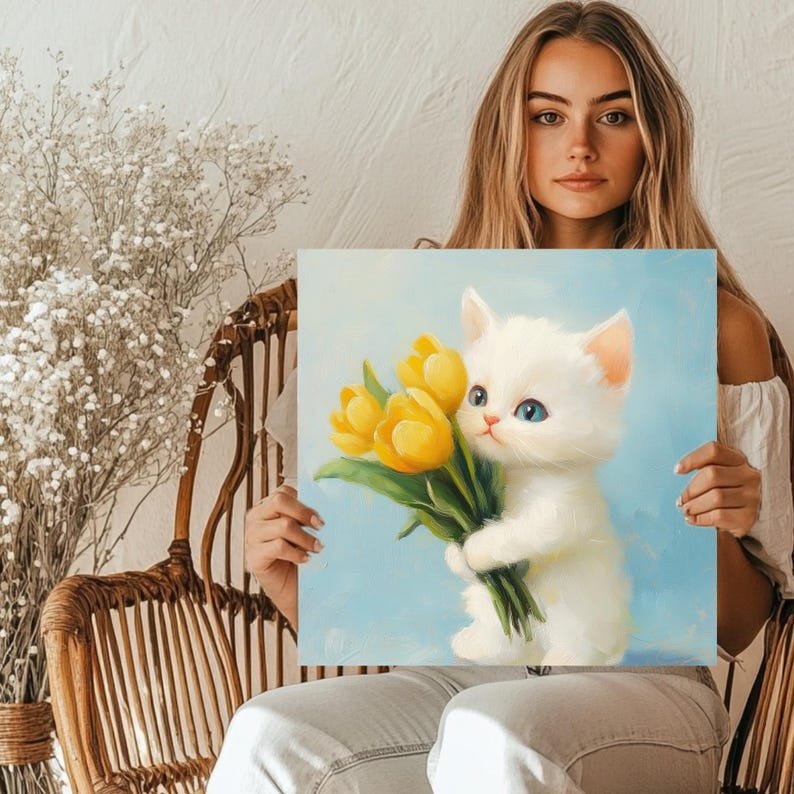 White Cat With Yellow Tulips Art, Poster or Canvas, Modern Minimalist Decor, Living Room Bedroom Nursery Entryway Yellow White Beige Green - Image 5