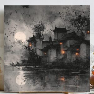 Asian Temple Wall Art, Canvas or Poster, Moonlight Landscape Painting, Dark Oriental Decor, Japanese Style Artwork, Living Room Wall Hanging