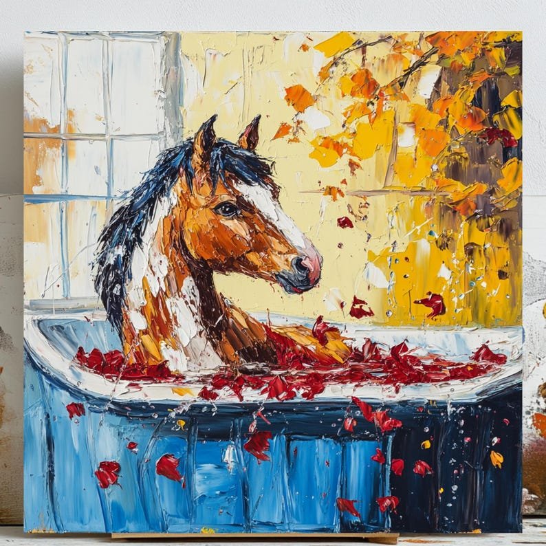 Horse in Bathtub Wall Art, Poster or Canvas, Funny Farmhouse Bathroom Decor, Equestrian Gift, Rustic Animal Art for Home, Animal Lover Gift
