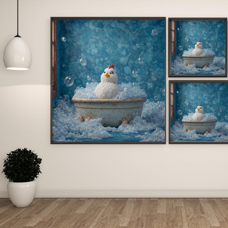 Chicken In Bathtub, Canvas Or Poster, Funny Bathroom Wall Art, Animal Wall Decor, Bathroom Print, Farm Animal Wall Hanging, Chicken Art - Image 2