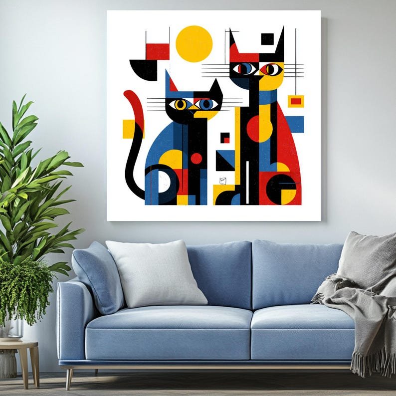 Geometric Cat Wall Art, Canvas Or Poster, Mid Century Modern Decor, Bauhaus Animal Art, Colorful Feline Print, Unique Living Room Wall Decor - Image 3