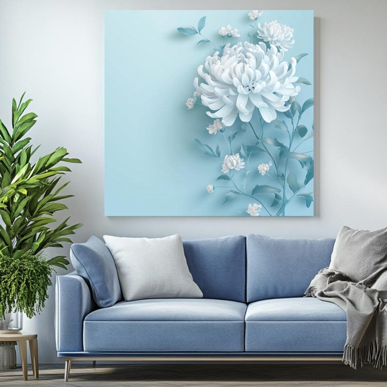 White Flower Wall Art, Soft Blue Floral Print, Pastel Flower Decor, Minimalist Botanical Art, Calming Bedroom Wall Art, Serene Home Decor - Image 4